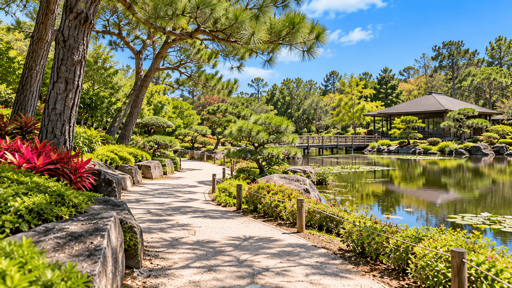 Garden path and trees at the Morikami Japanese Gardens in Delray Beach