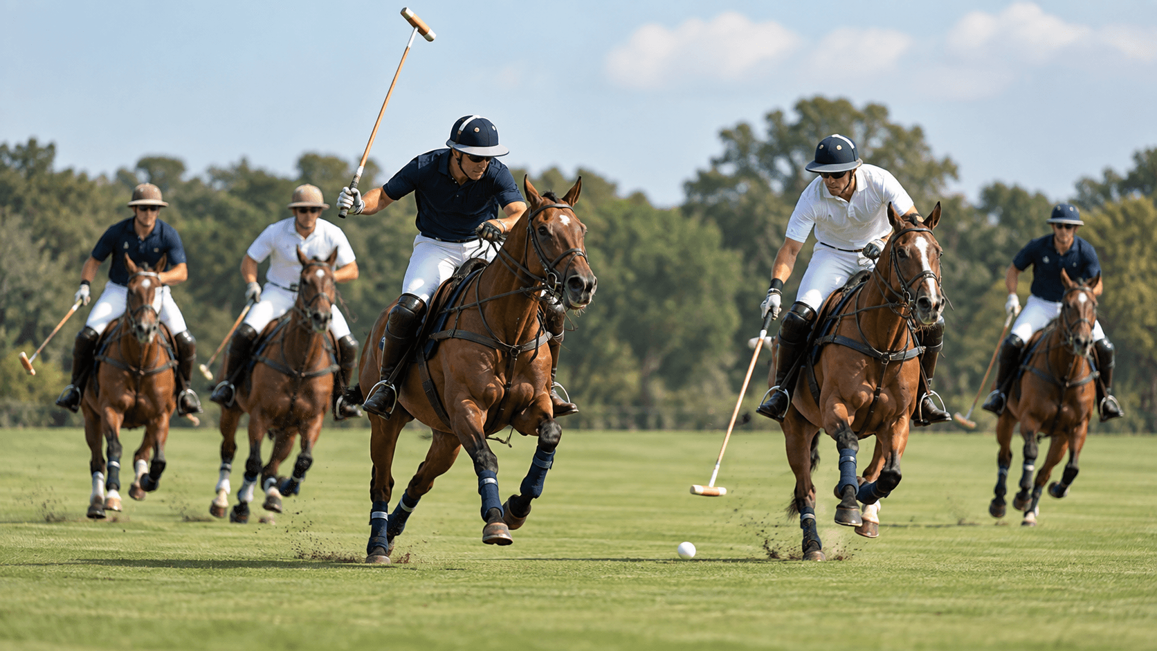 Polo players on horseback racing across a green field