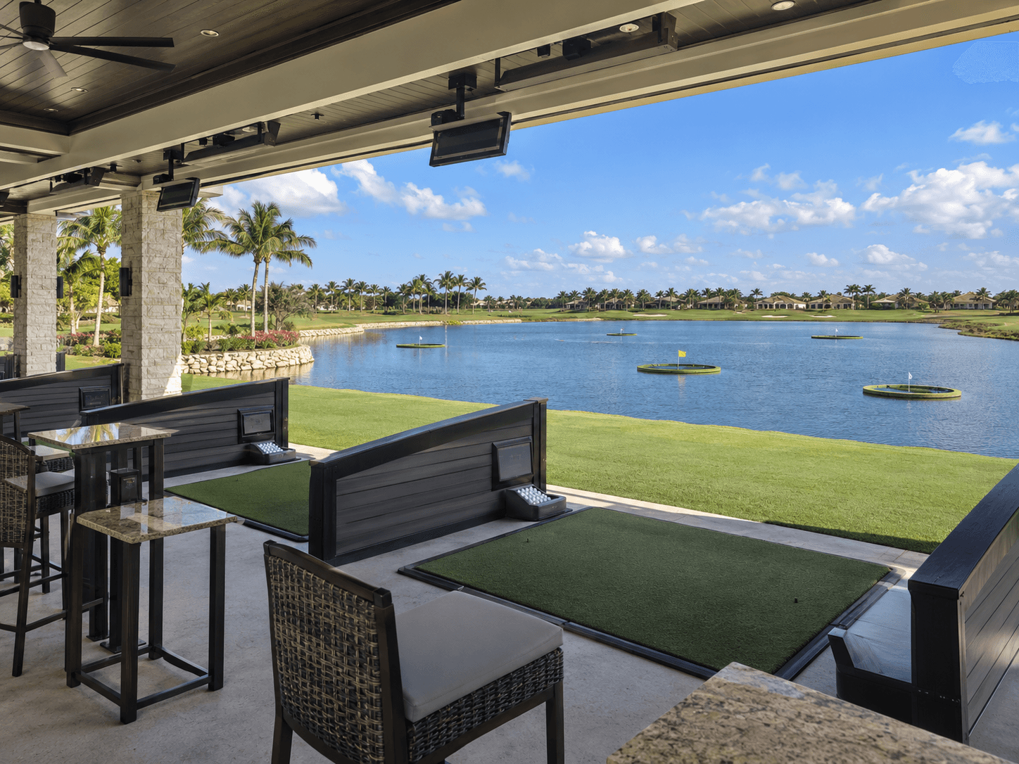 Over-water driving range with floating targets at Glynlea Country Club