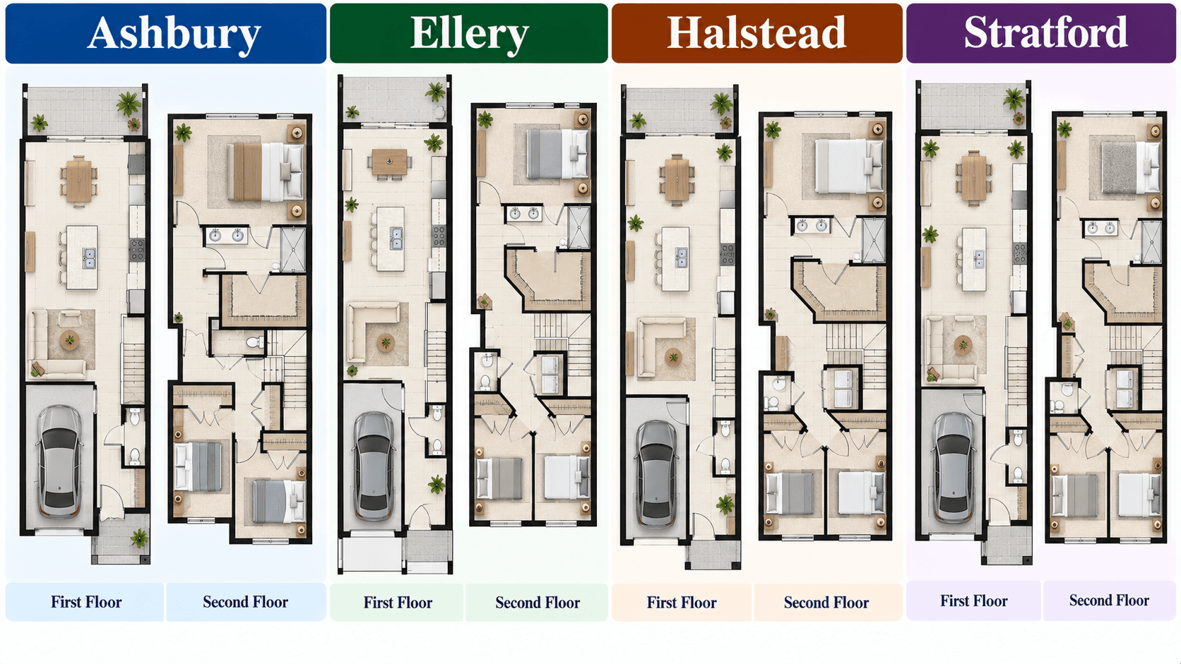 Ashbury, Ellery, Halstead and Stratford floor plans at Pineland Crest side by side