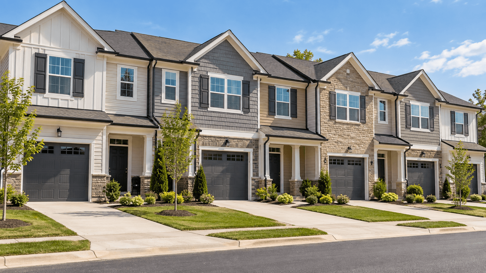 Row of two-story townhomes with front doors and garage doors seen from the street