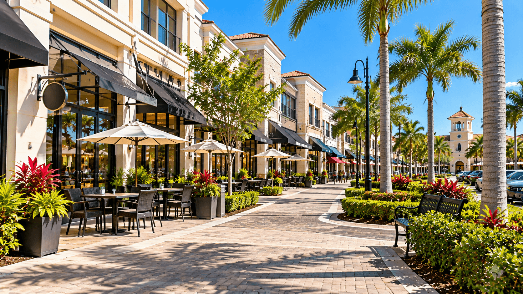 Storefronts and walkway at Tradition Square in Port St. Lucie