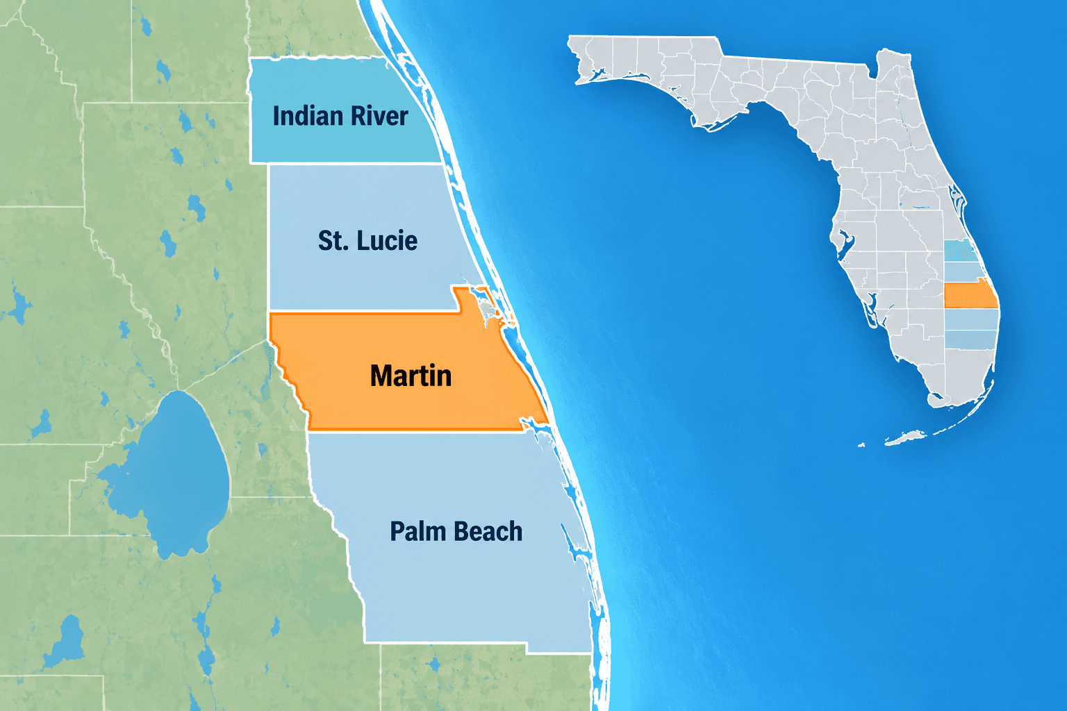Map of the four Treasure Coast region counties with Martin County highlighted
