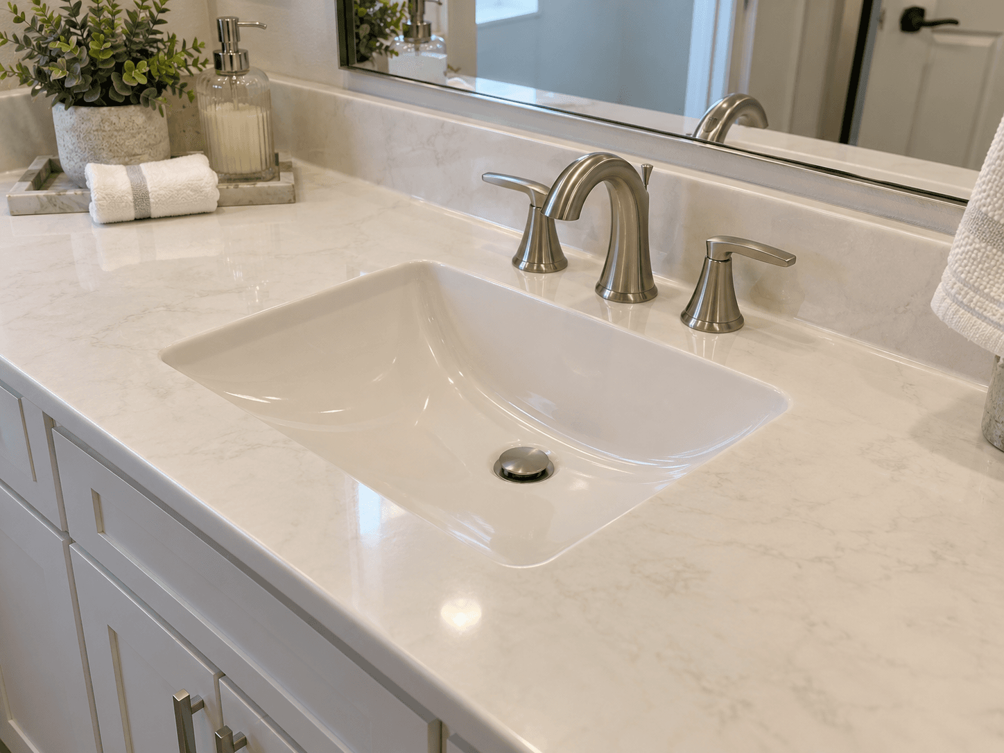 Cultured marble vanity top with an integrated sink