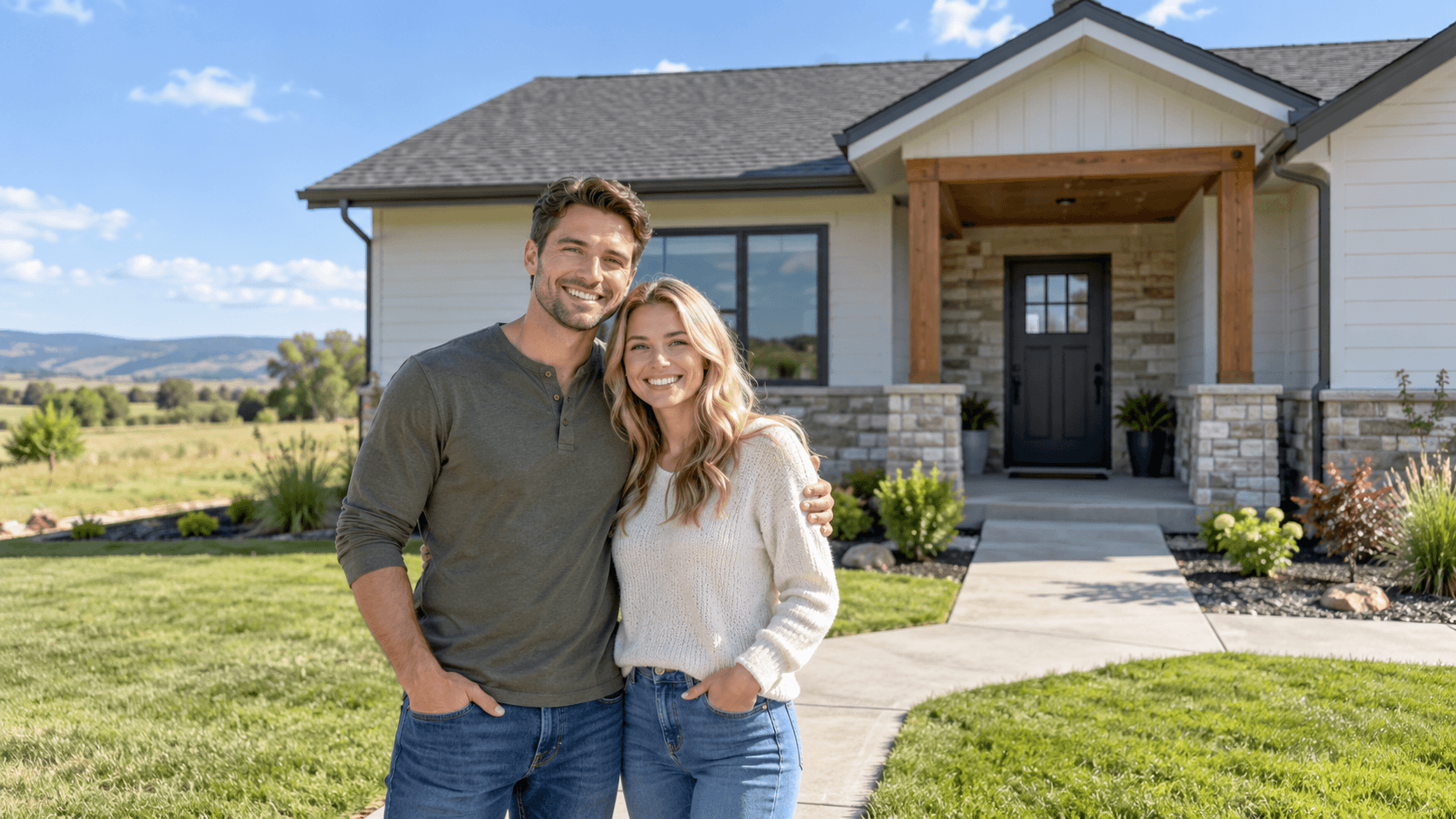young couple in front of a new single-story home with open land behind it