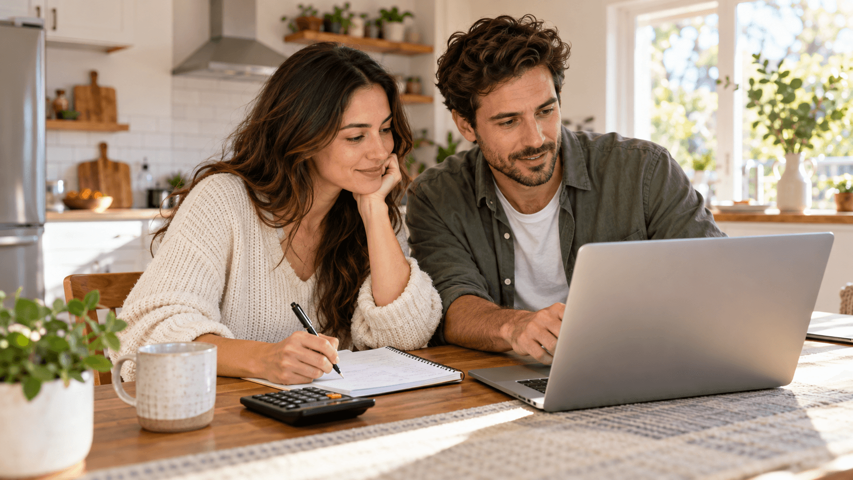 young couple planning home down payment with laptop and calculator at kitchen table