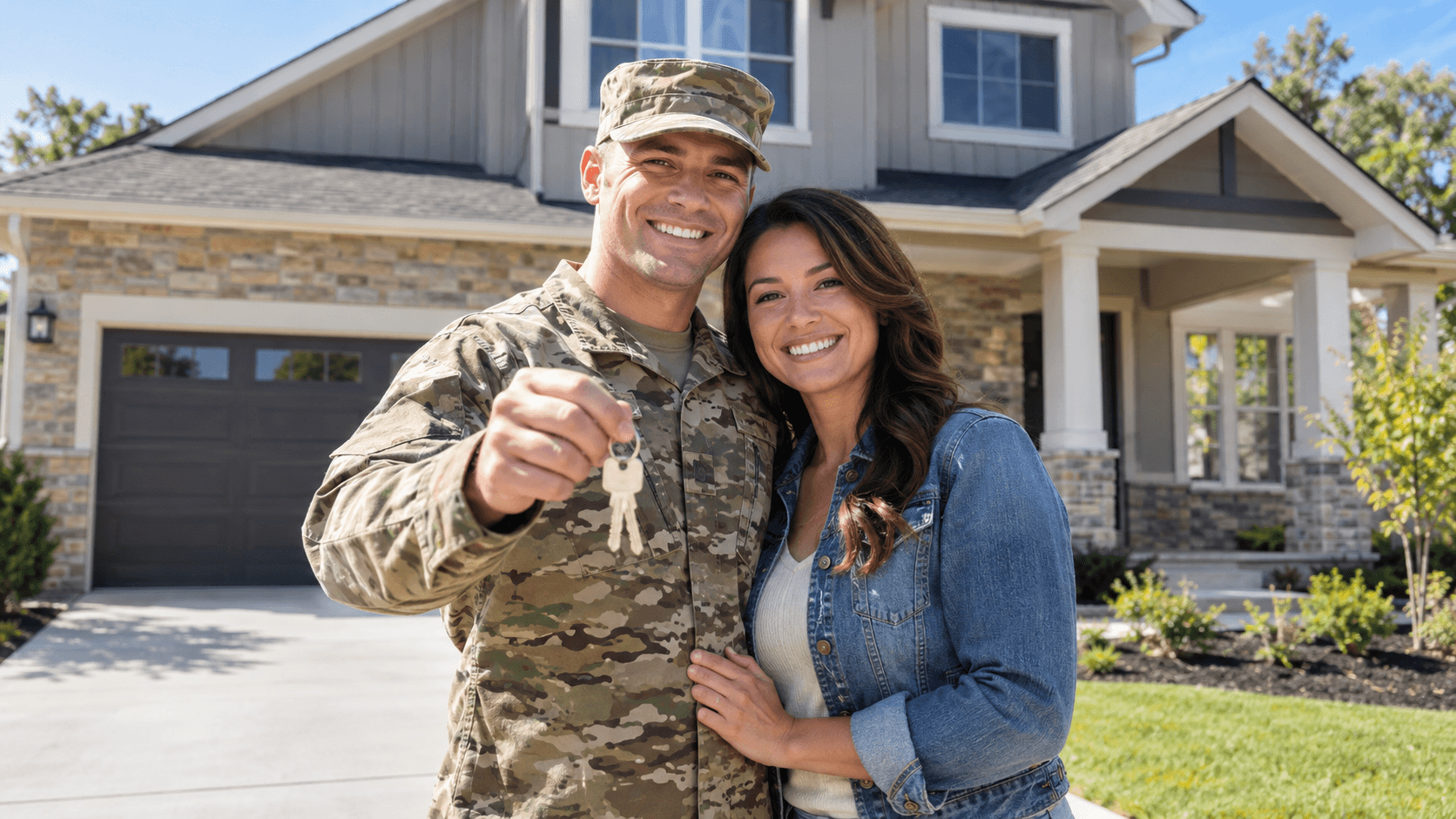 veteran couple holding keys in front of a new construction home
