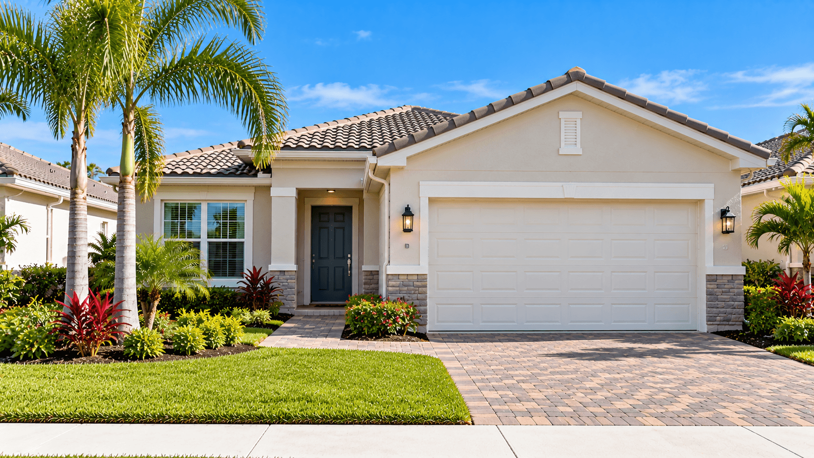 Front of a one-story villa at Delray Trails with the front door and one-car garage
