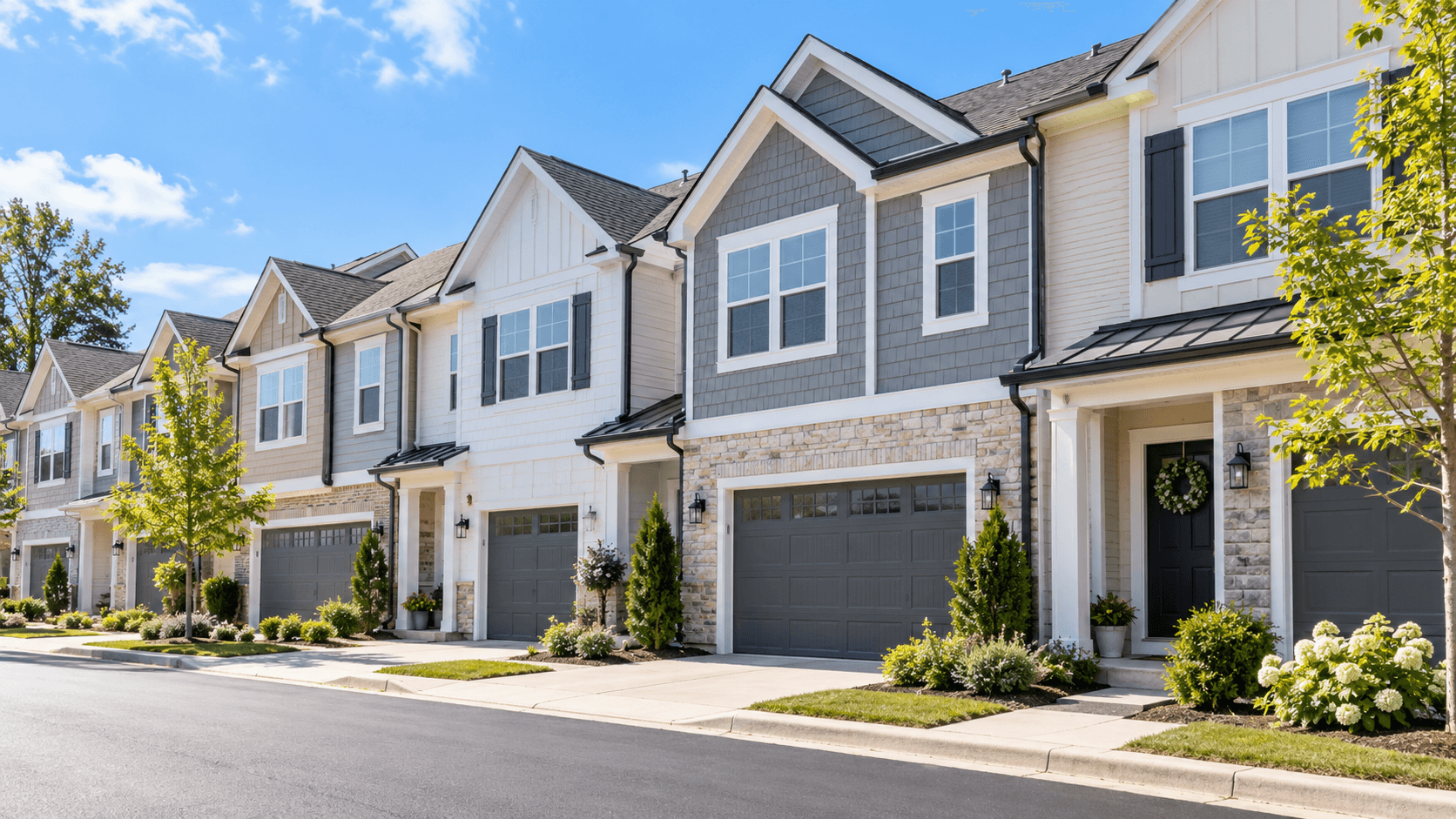 Two story townhome exteriors on a sunny street