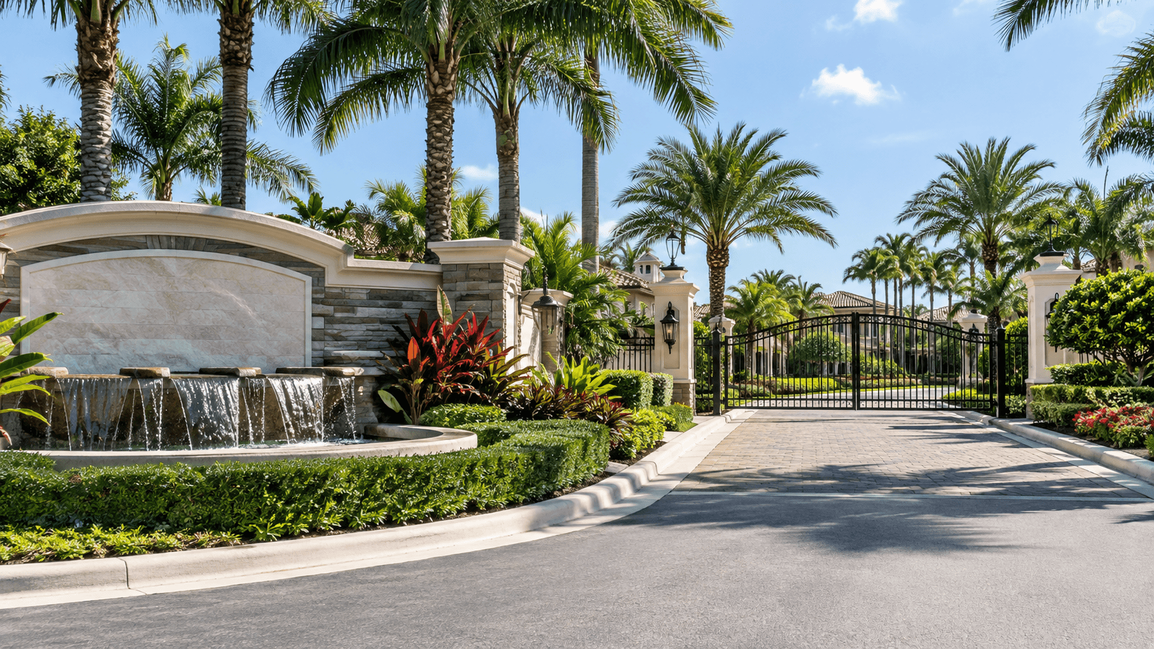 Gated community entrance with a sign wall and water feature