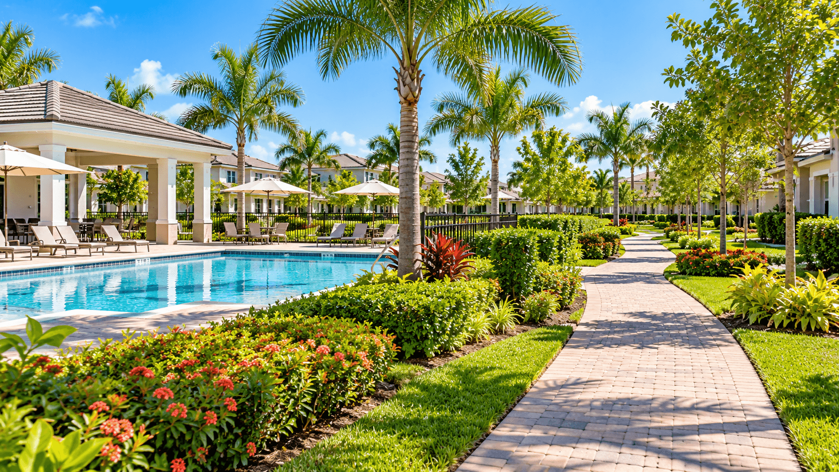 Shared pool and landscaping in a generic neighborhood
