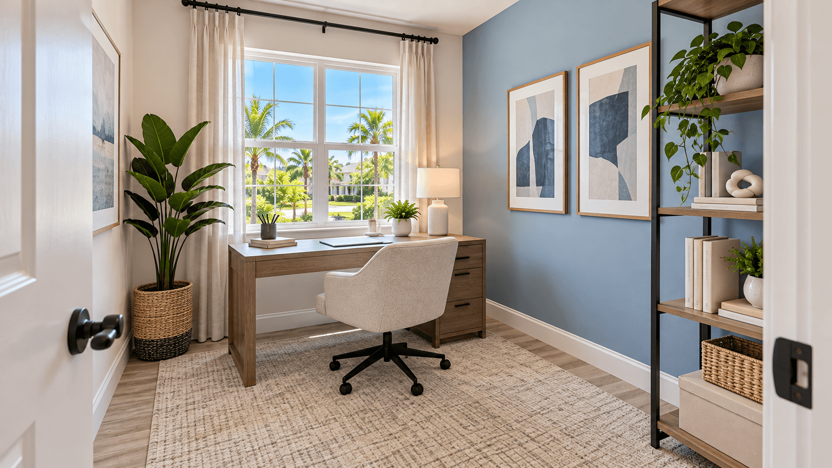 Small den used as a home office with a desk by the window