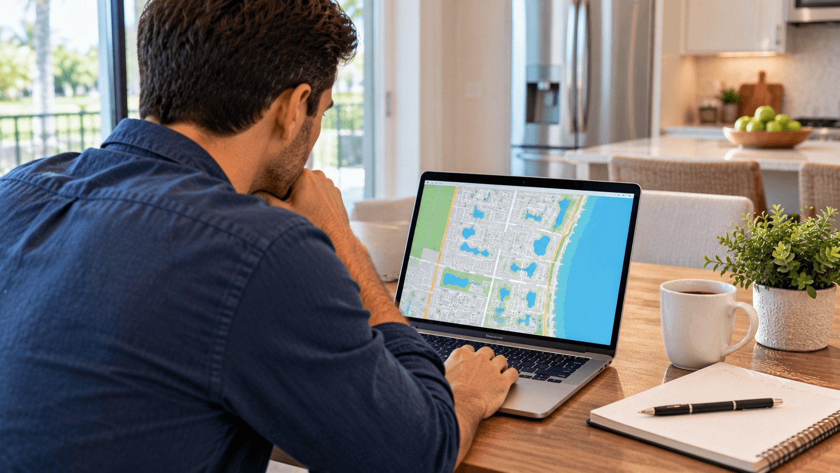 Home buyer looking at a map on a laptop at a kitchen table