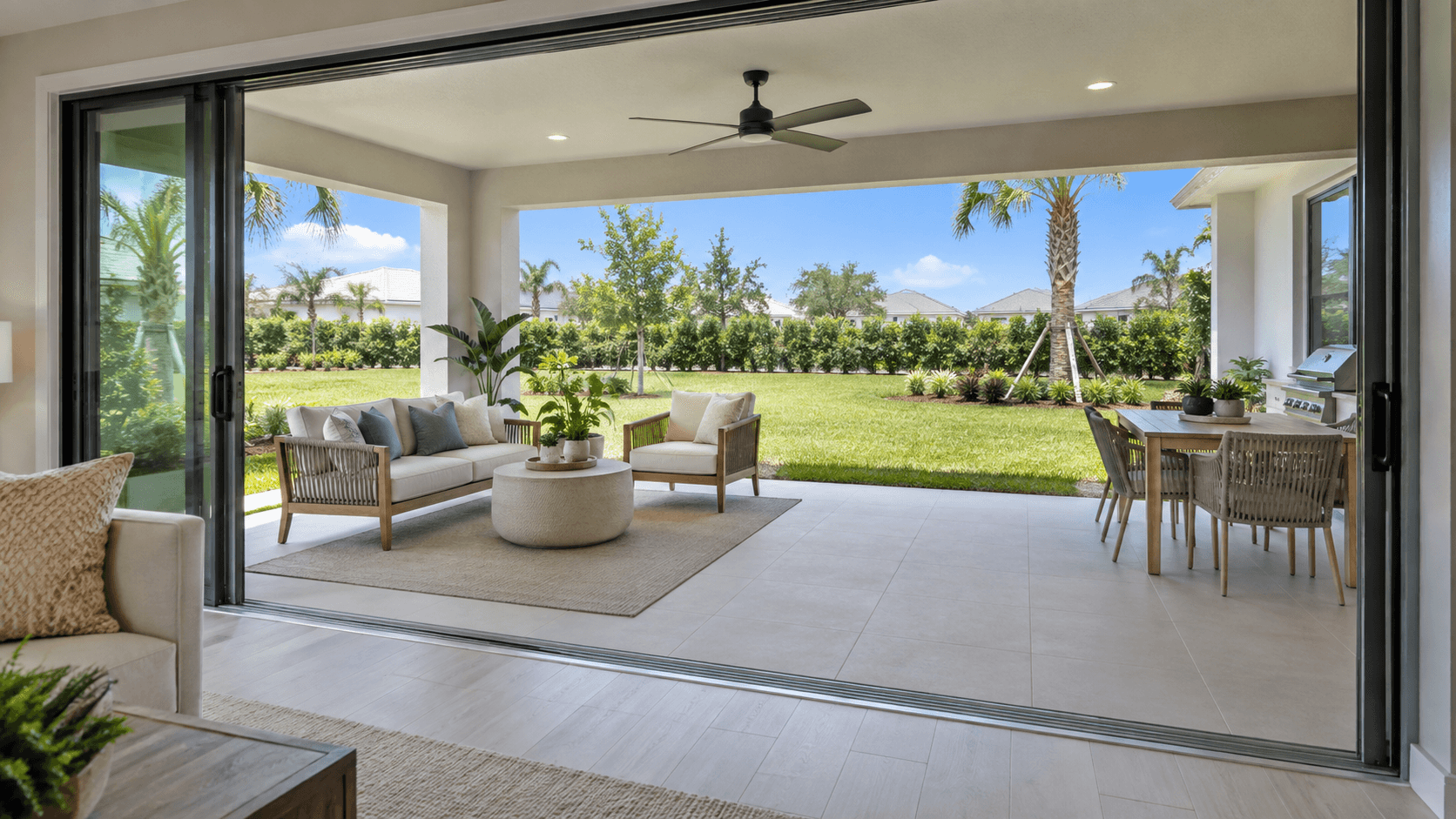 Covered lanai seen through sliding glass doors at Park Trace