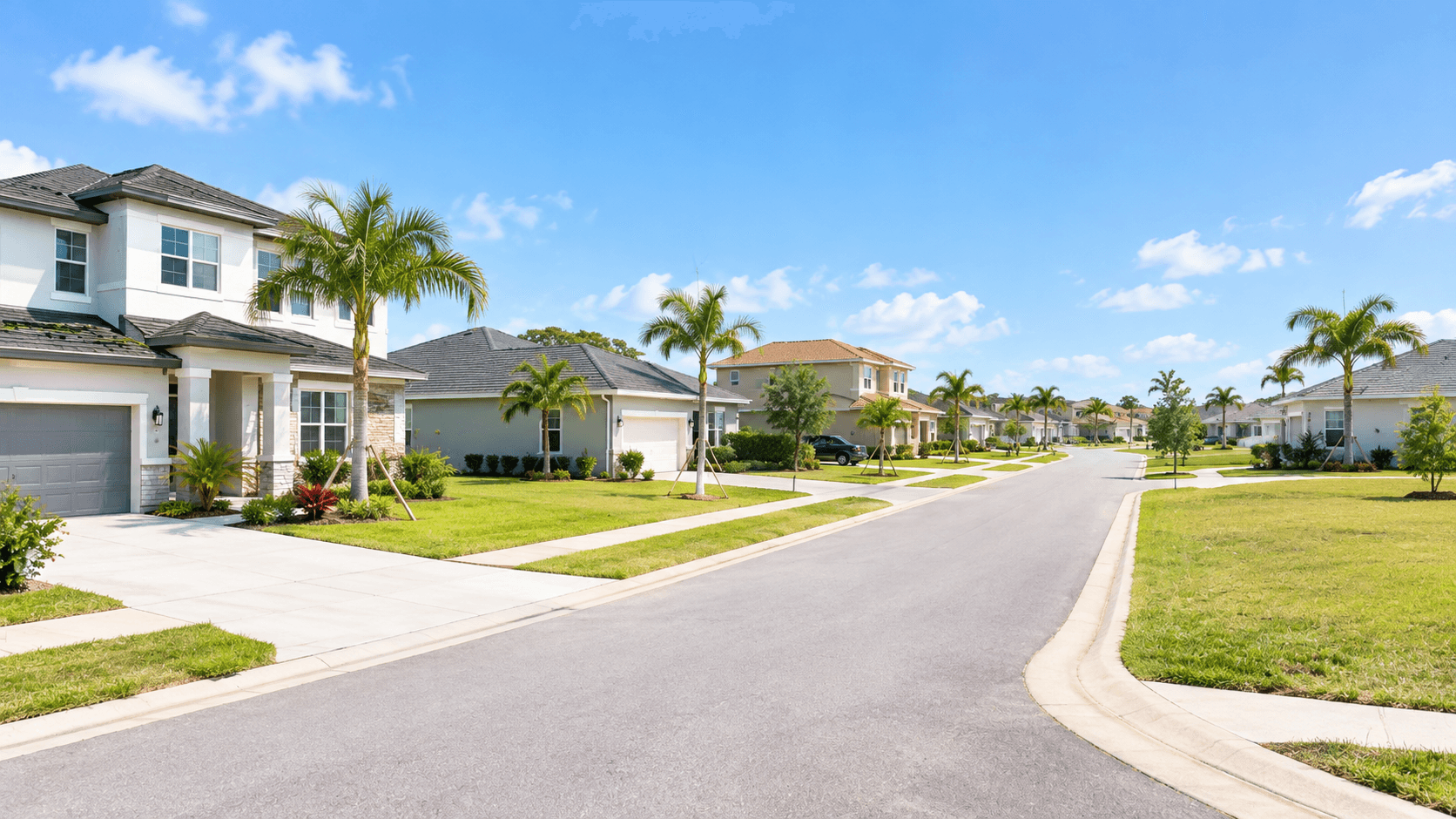 New homes on different homesites in a Florida neighborhood