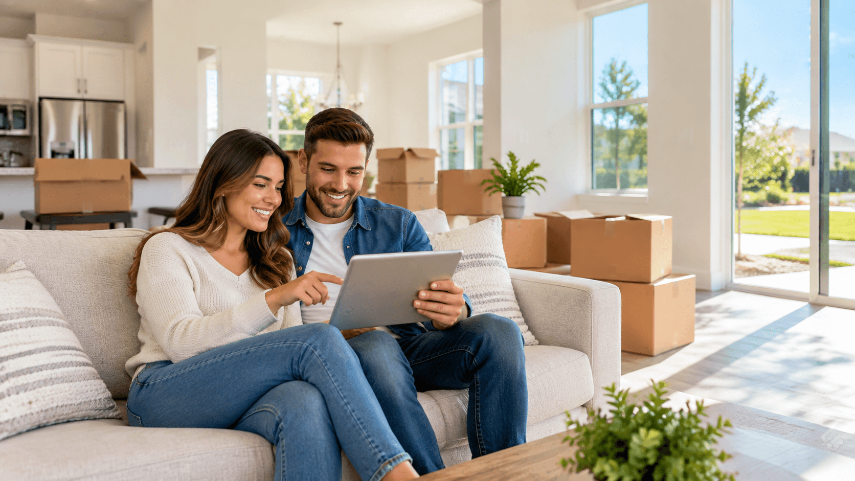 couple on couch in new home looking at tablet with moving boxes