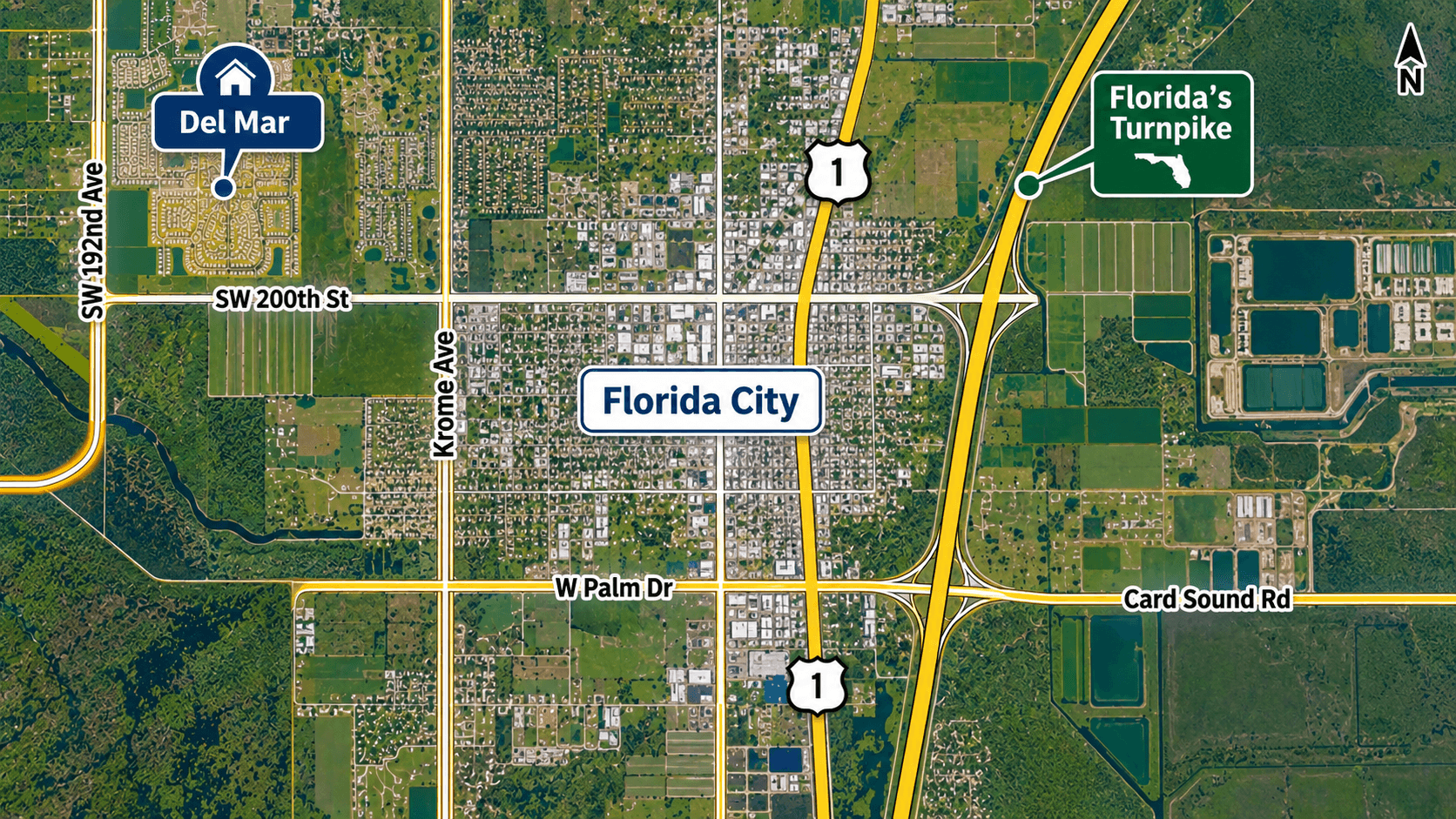 Map of the roads around Del Mar and Florida City