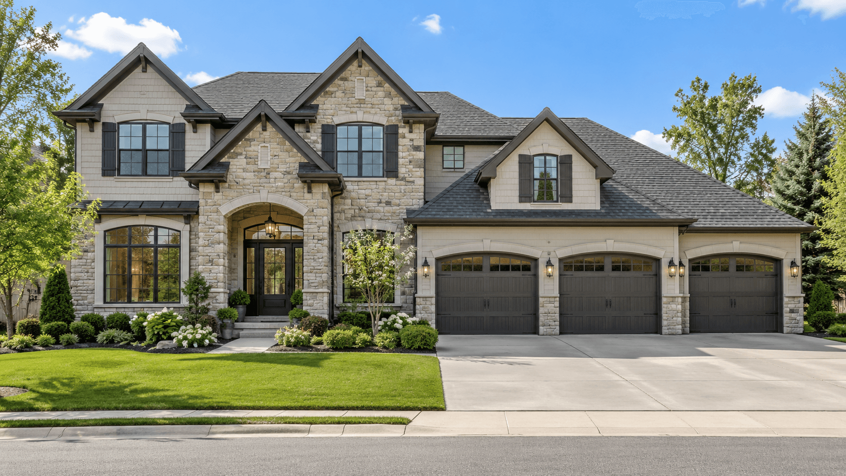 Front of a large two-story Florida home with a three-car garage