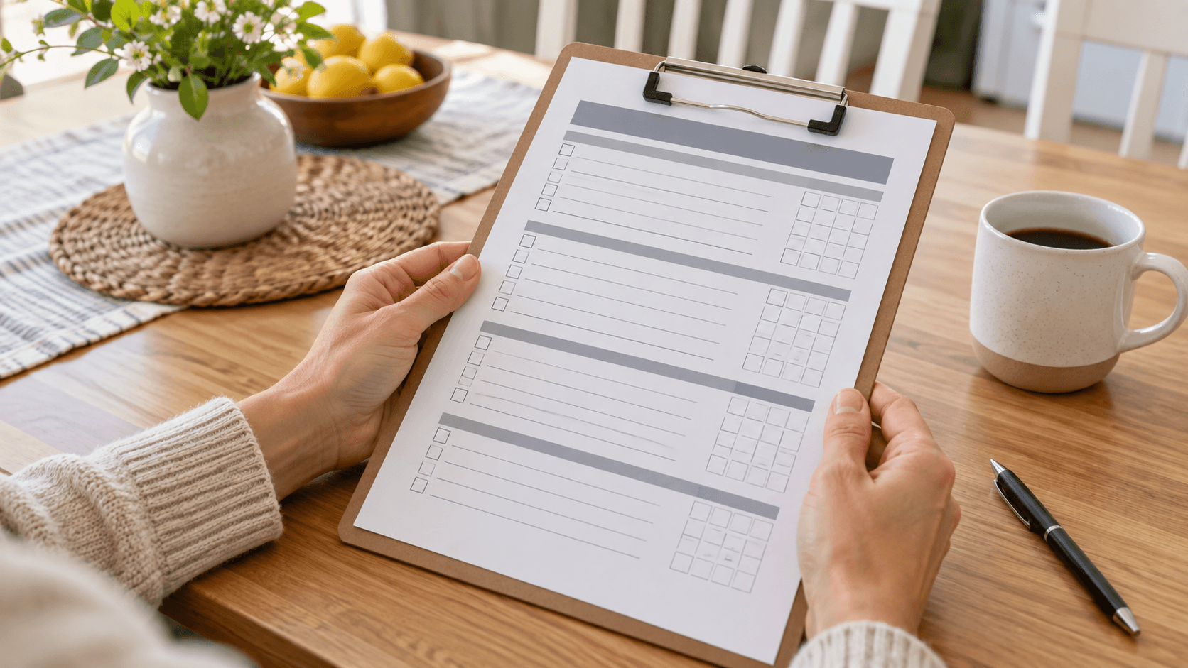 Hands holding a blank checklist form on a clipboard