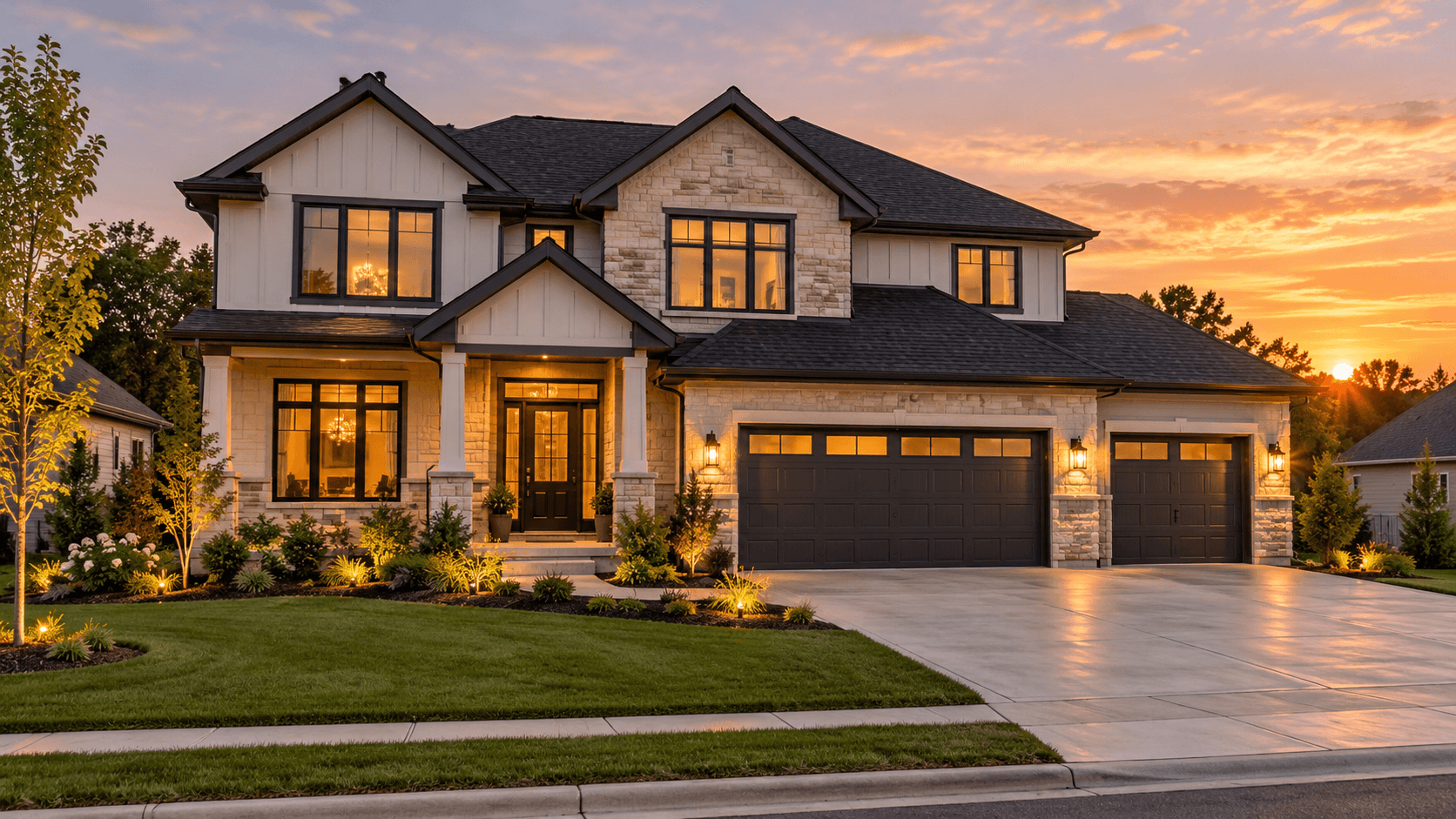 A new two-story Florida home with a three-car garage in the evening light