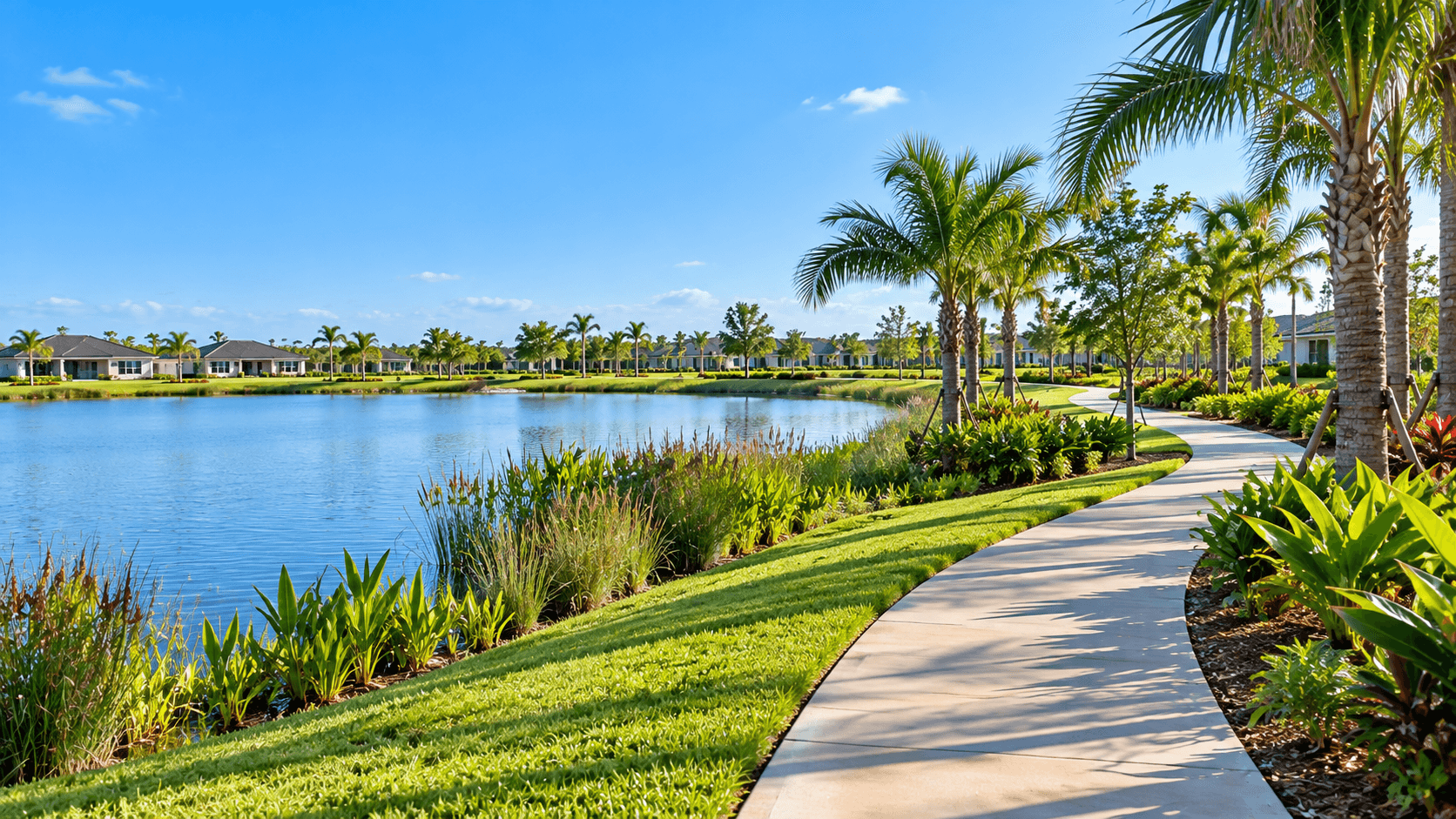 Walking trail by a lake in the Wylder community in Port St. Lucie